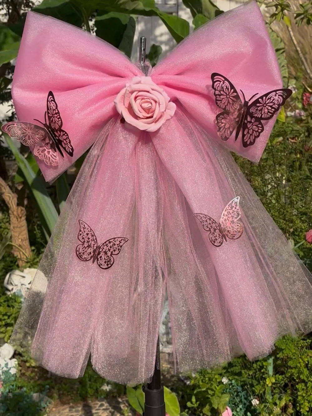 Pink Butterfly Tulle Bow Hair Clip with Rose Accent